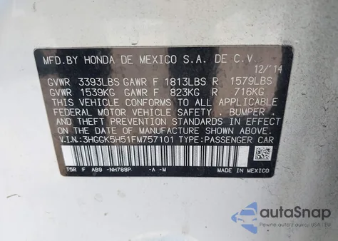 2015 Honda Fit Lx z USA, uszkodzony, nr VIN 3HGGK5H51FM757101